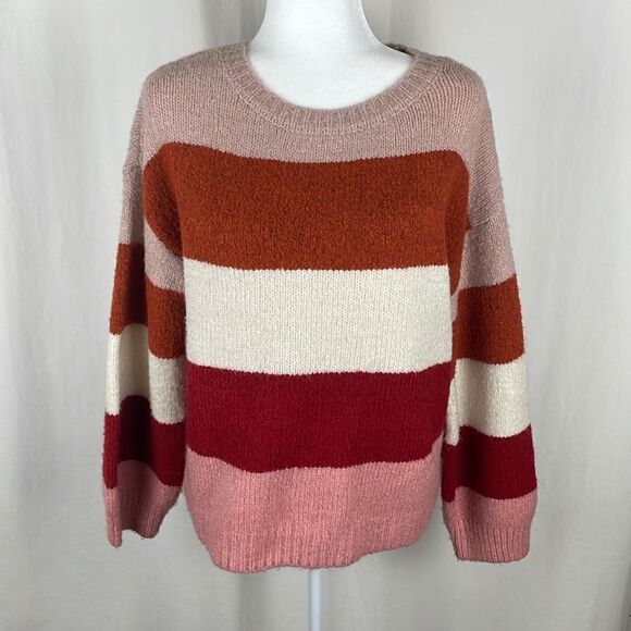 a.n.a. Wide Striped Balloon Sleeve Sweater Blush Rust Cream Maroon Pink sz PL Pe - Picture 1 of 4